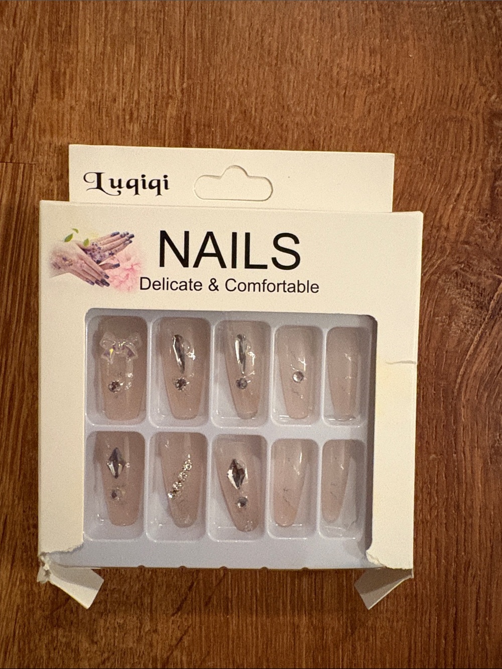 NWT Luqiqi Nude Rhinestone Press-On Nails Elegant Beige Set of 12 Pieces